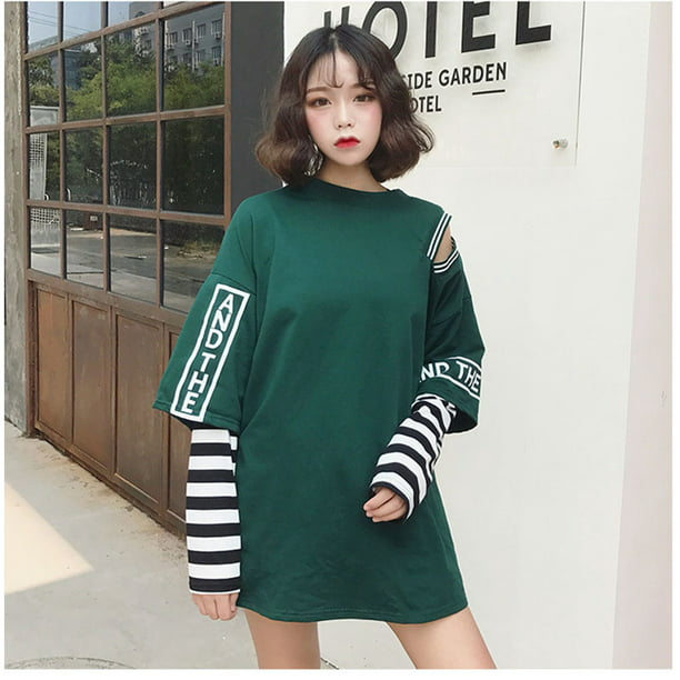 Women Side Split Fake Two Pieces Shirt Autumn Patchwork Long Sleeve Tunic Tops 